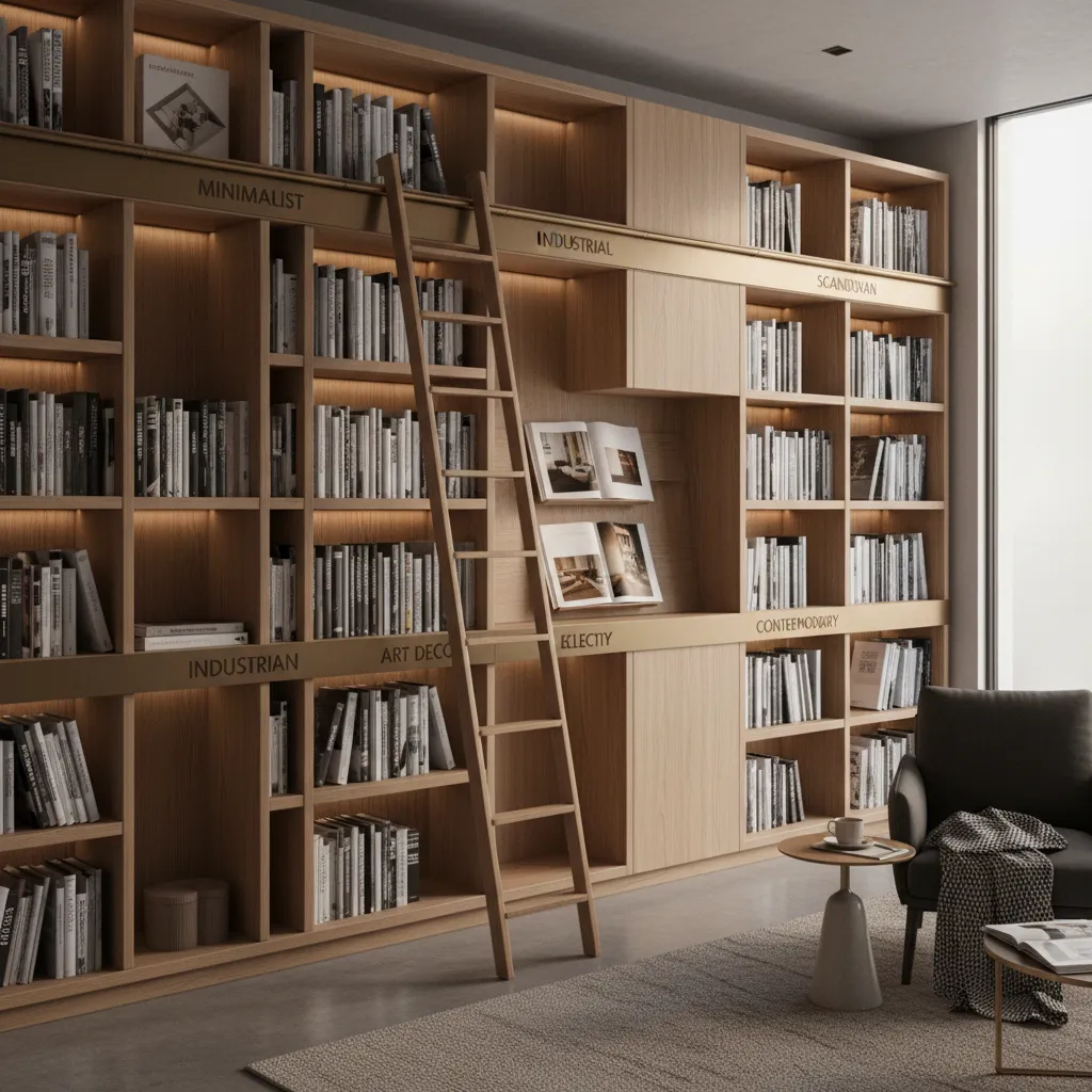 Design books organized on shelves by style and project category