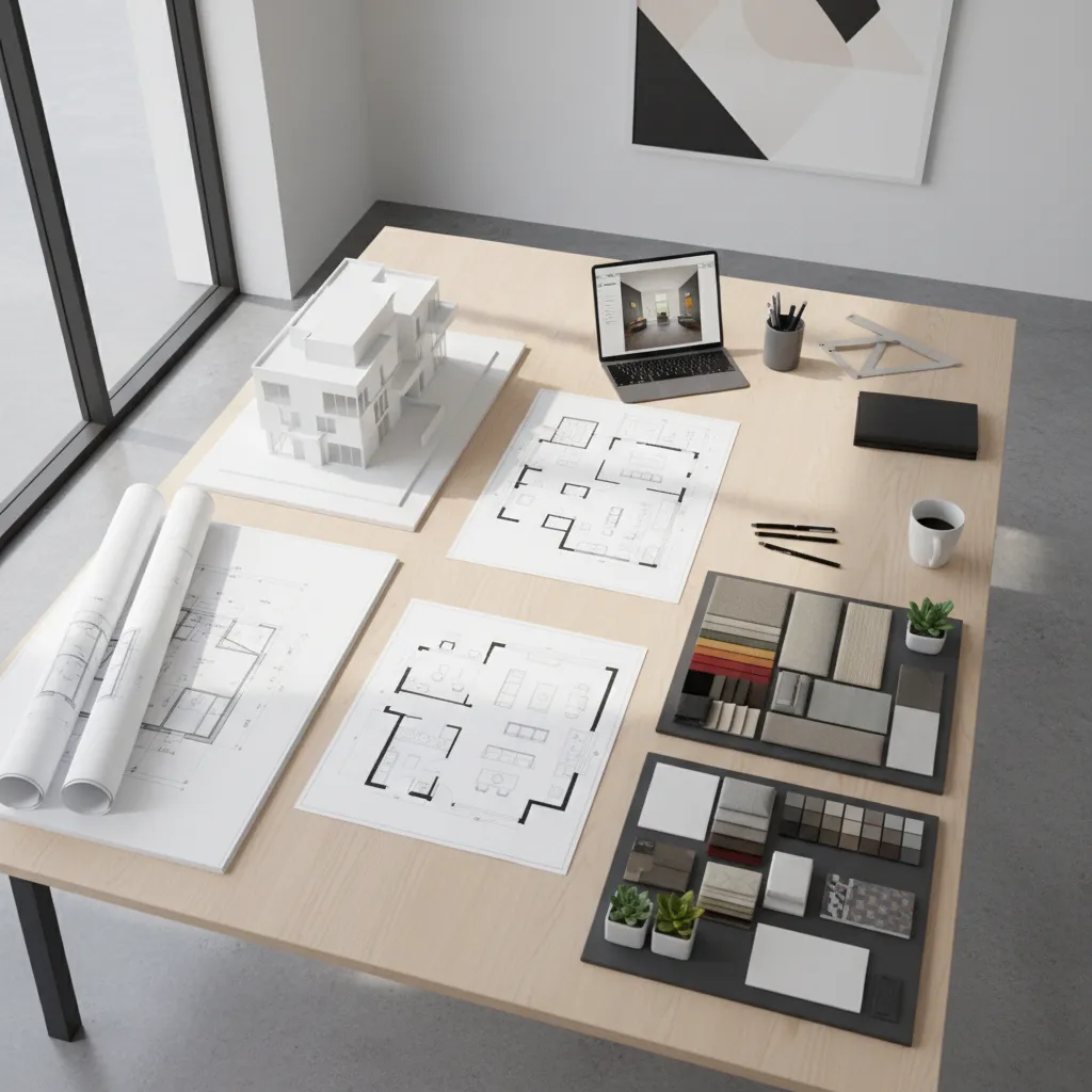 Workspace showing architecture plans interior design layouts and decoration materials side by side