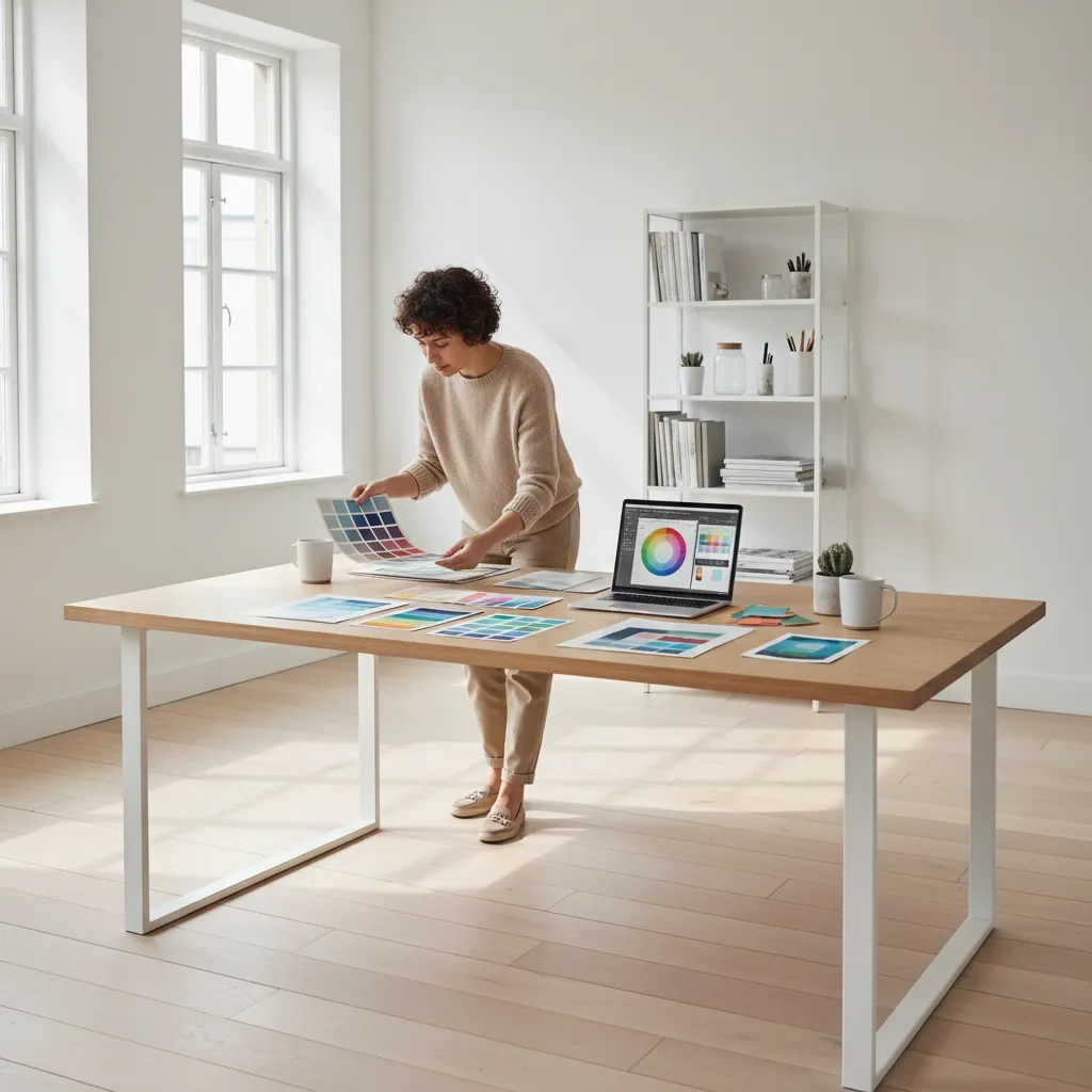 designer reviewing multiple color palette boards in a modern creative studio