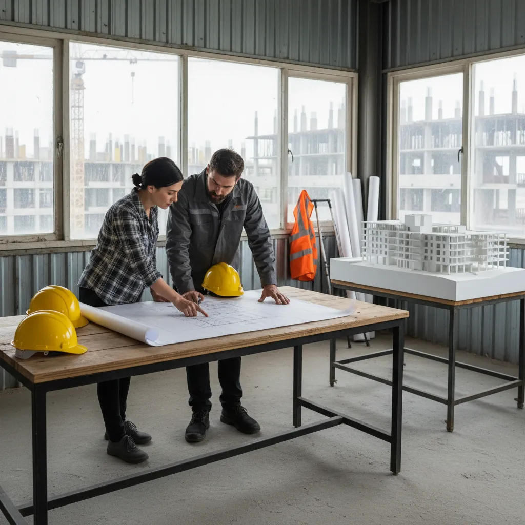 Architect and construction engineer discussing building plans at site office