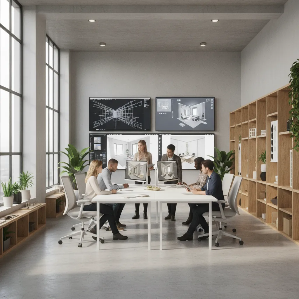 creative design consultancy team reviewing interior layouts and 3D concepts