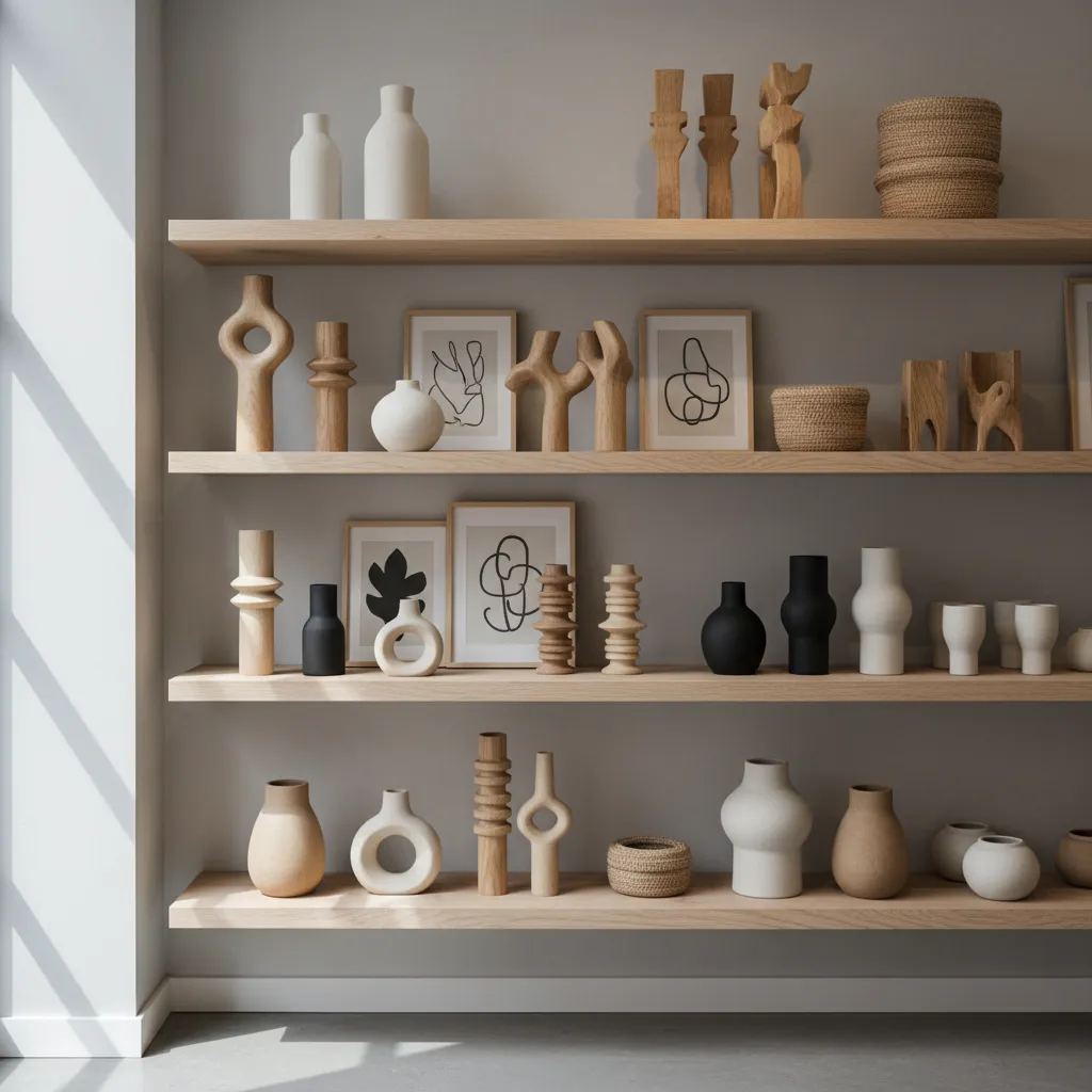 Estantería moderna con objetos decorativos de cerámica y madera