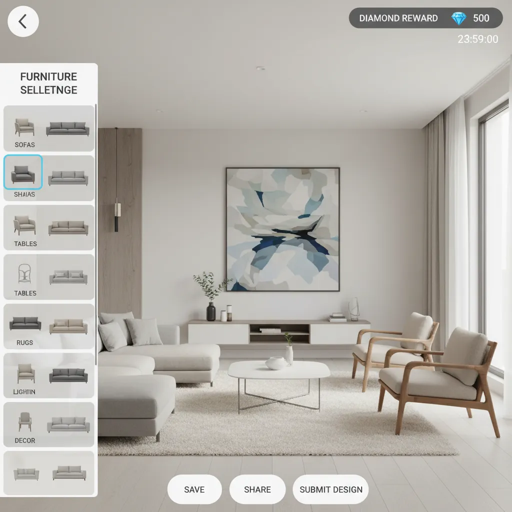 Design Home daily challenge interface with furniture selection and reward icons