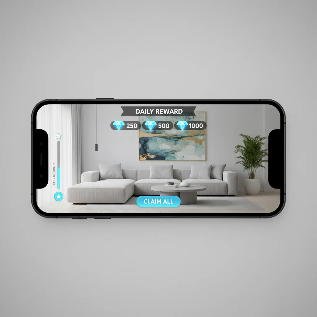 Example of diamond rewards interface in a mobile interior design game