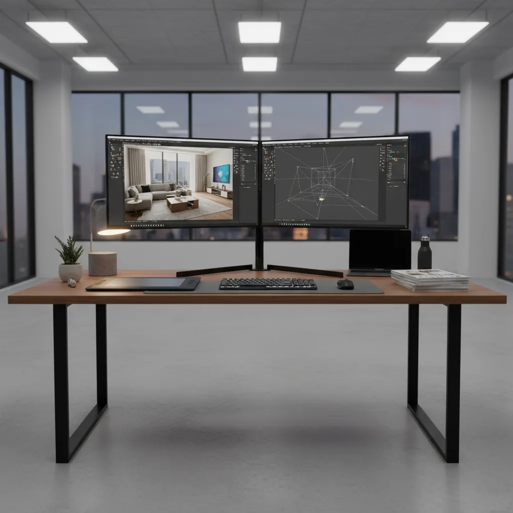Interior designer workstation with large monitors displaying 3D interior rendering