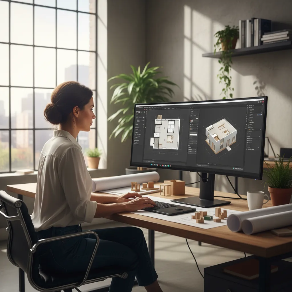 Diseñador revisando plano de casa pequeña en ordenador