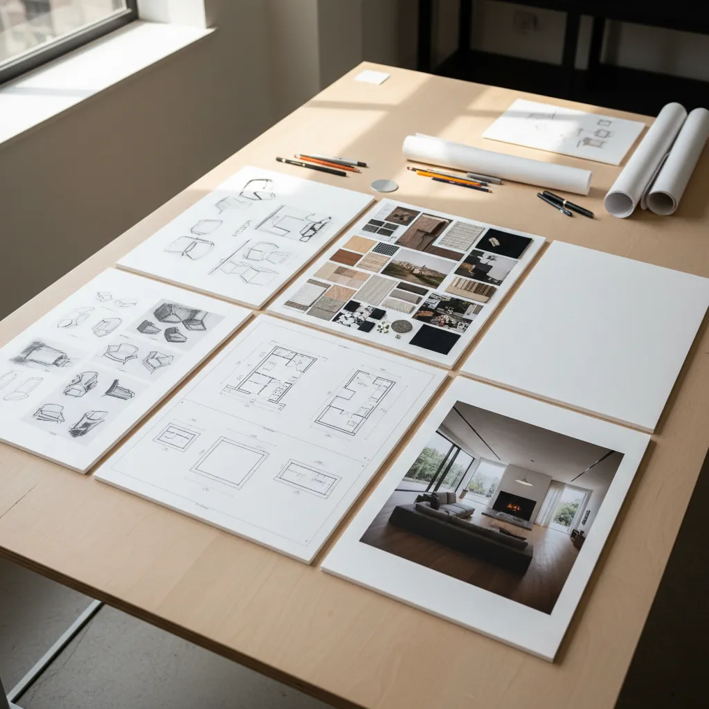design portfolio pages showing concept sketches process diagrams and final render