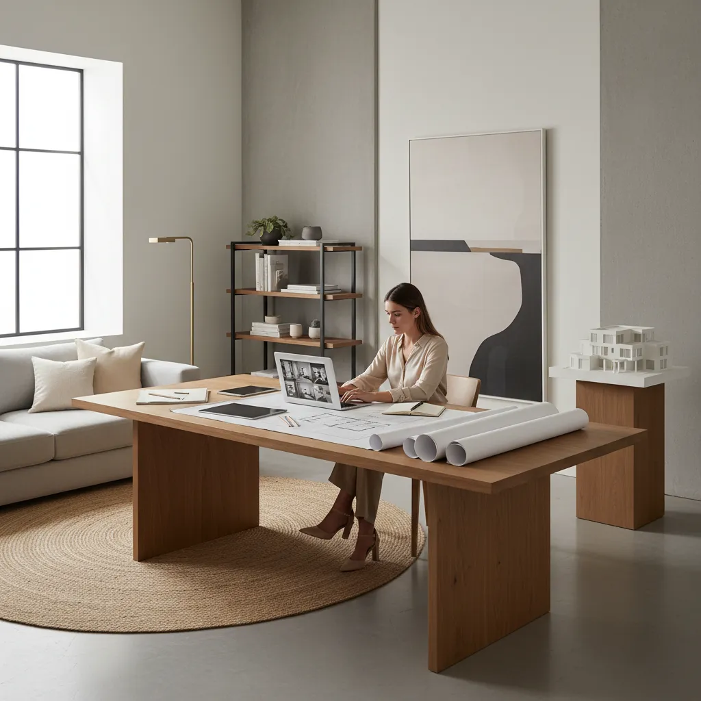 Interior designer reviewing project portfolio on laptop in studio