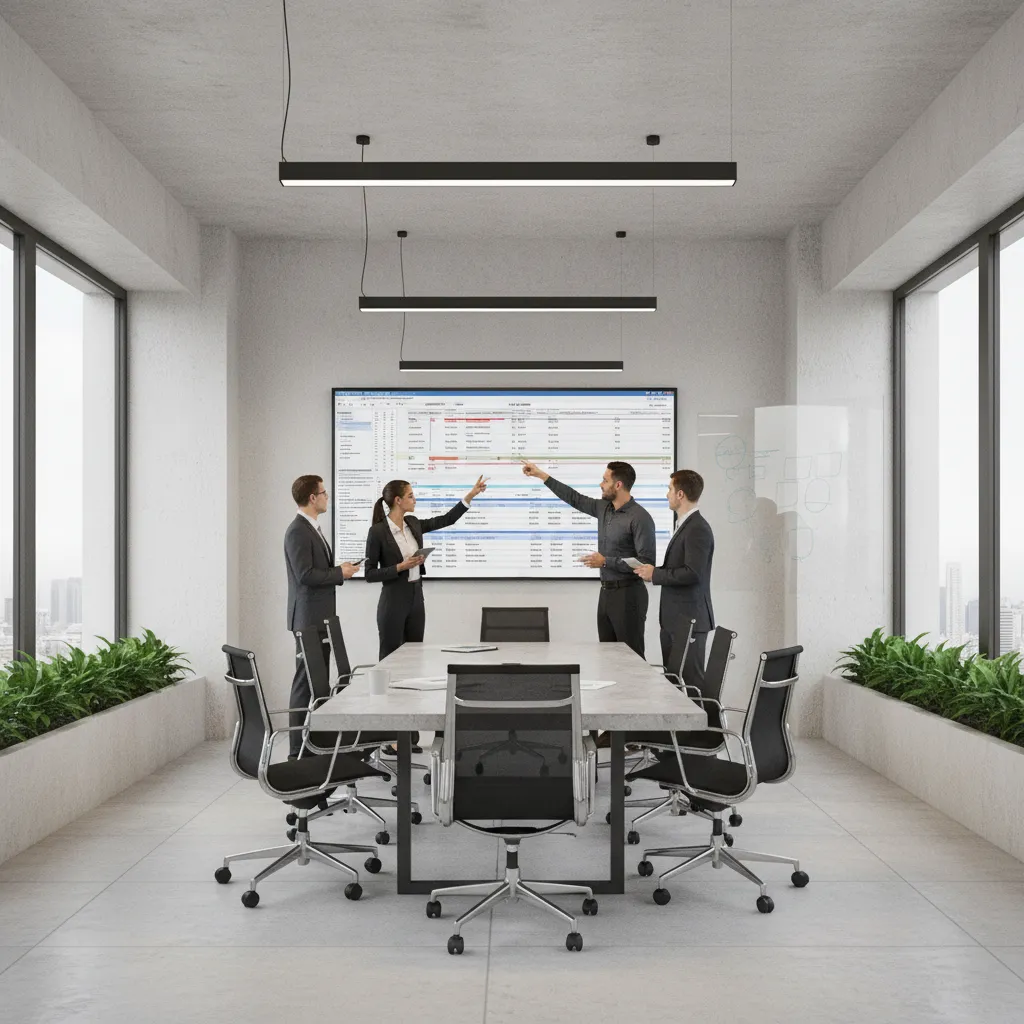 engineering team discussing project management workflow in office