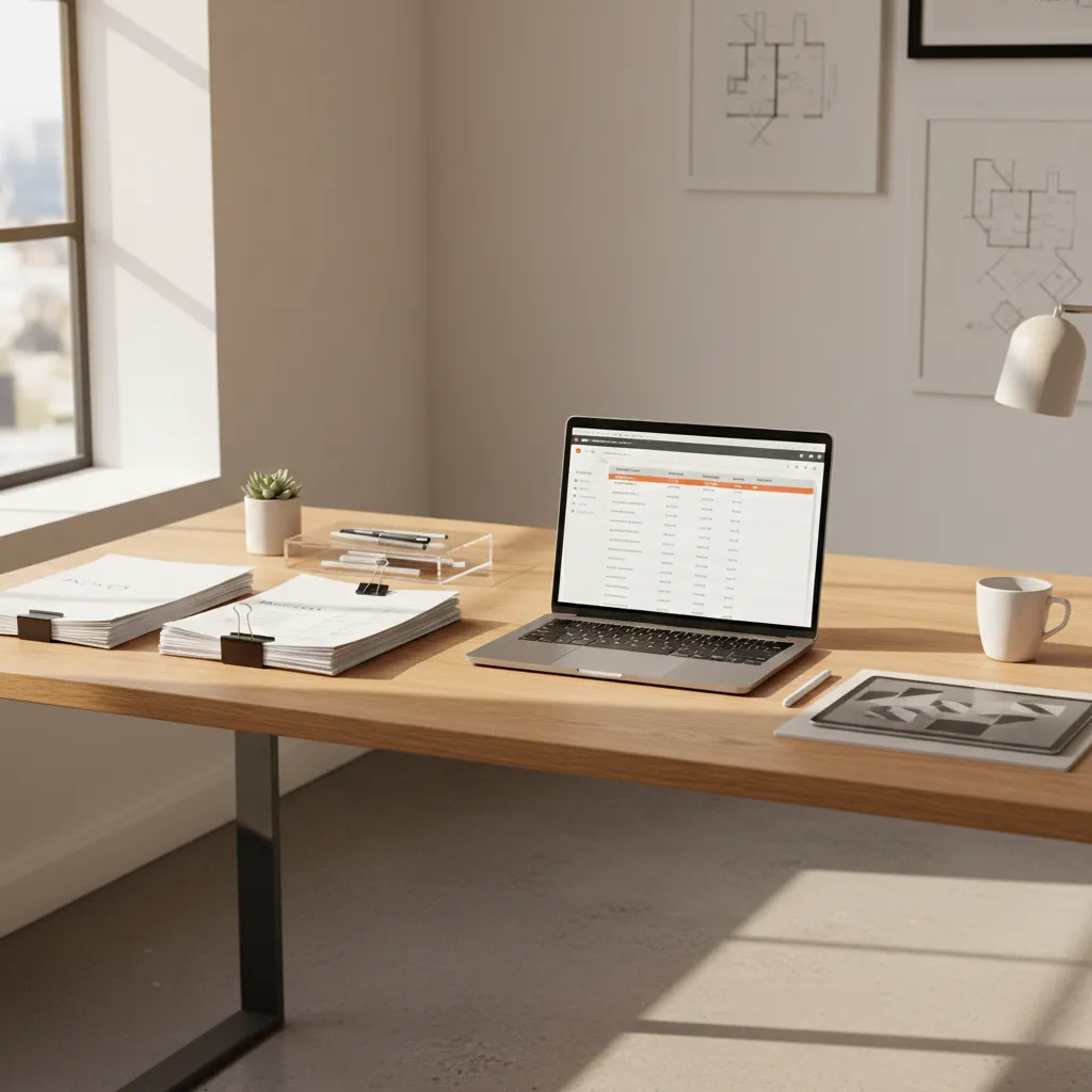 Interior design project financial tracking with invoices receipts and laptop
