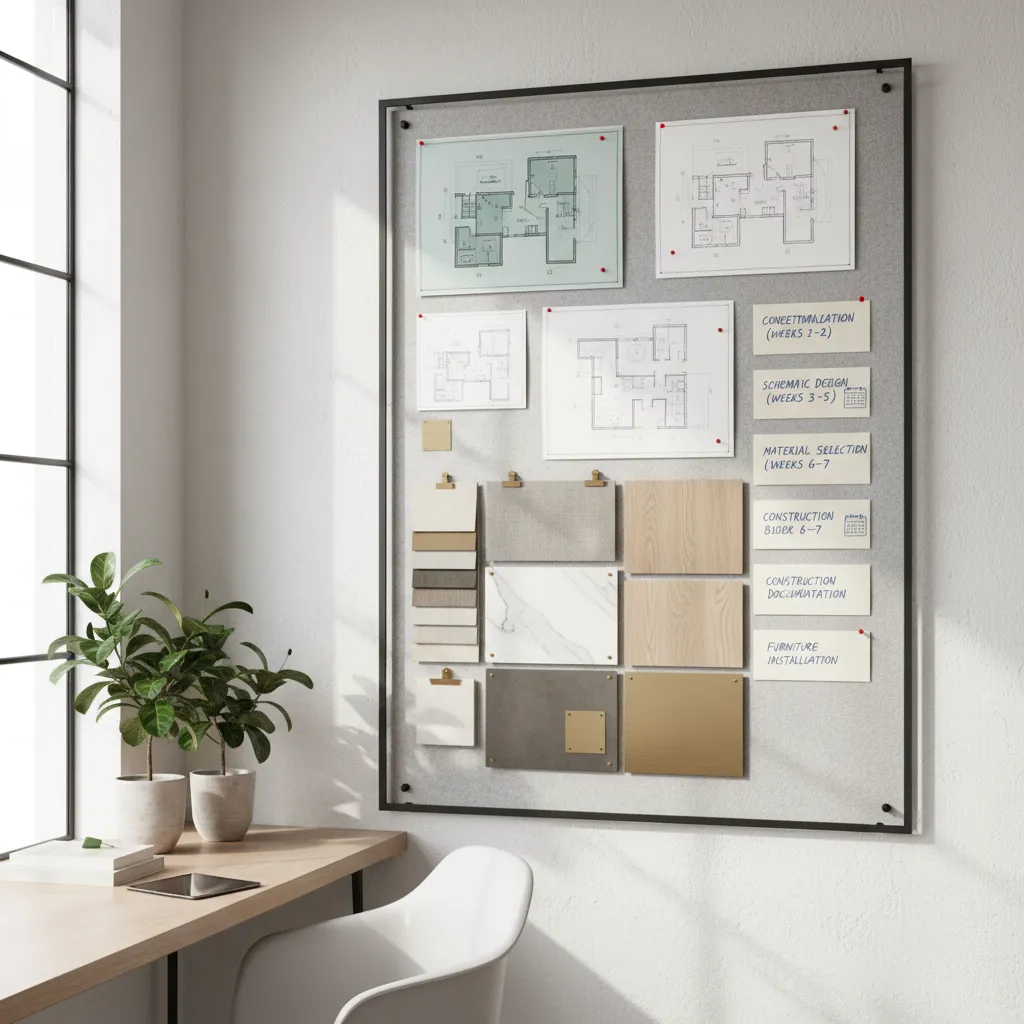interior design workflow planning board with project tasks and material samples