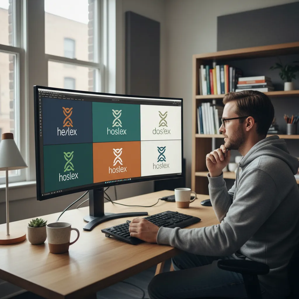 Pantalla de ordenador con varias versiones de logotipo en proceso de revisión