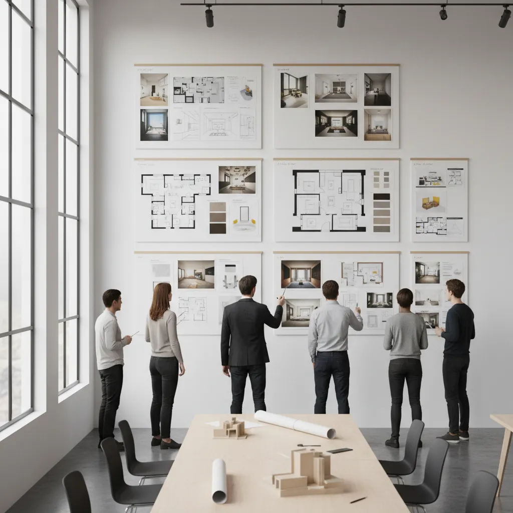 design students presenting architectural boards during studio critique