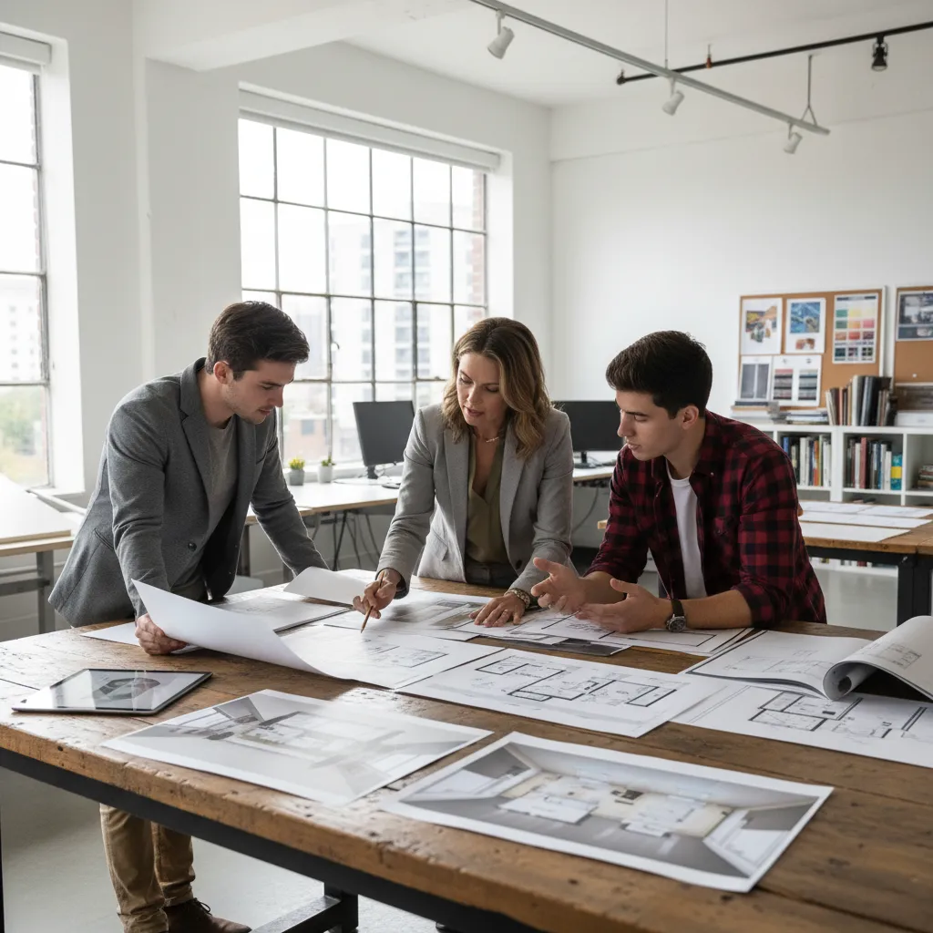 Profesor revisando portfolio de diseño de interiores con estudiantes