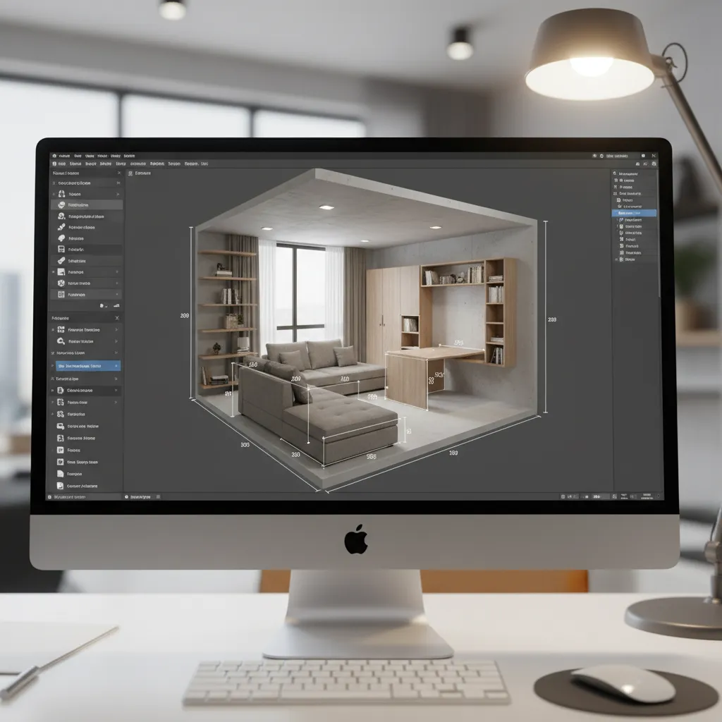interior design software interface showing furniture scaling inside small room render