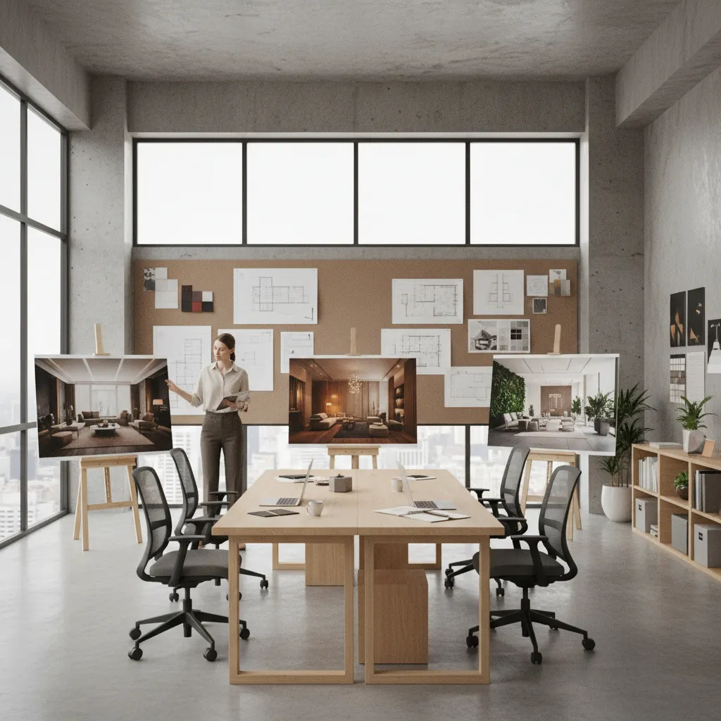 architect reviewing multiple specialization project boards in design studio