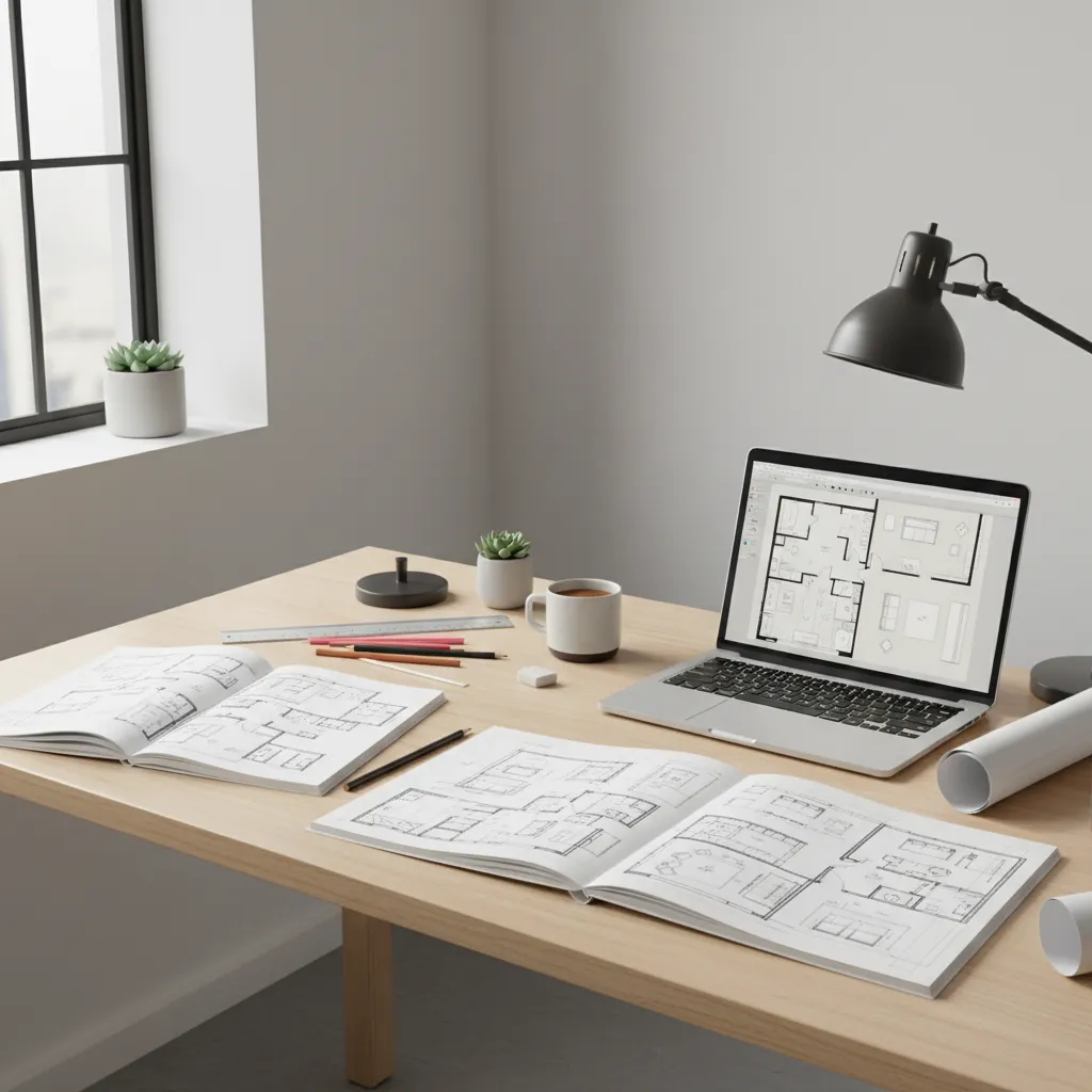 Student preparing architecture or interior design portfolio with sketches and layout plans