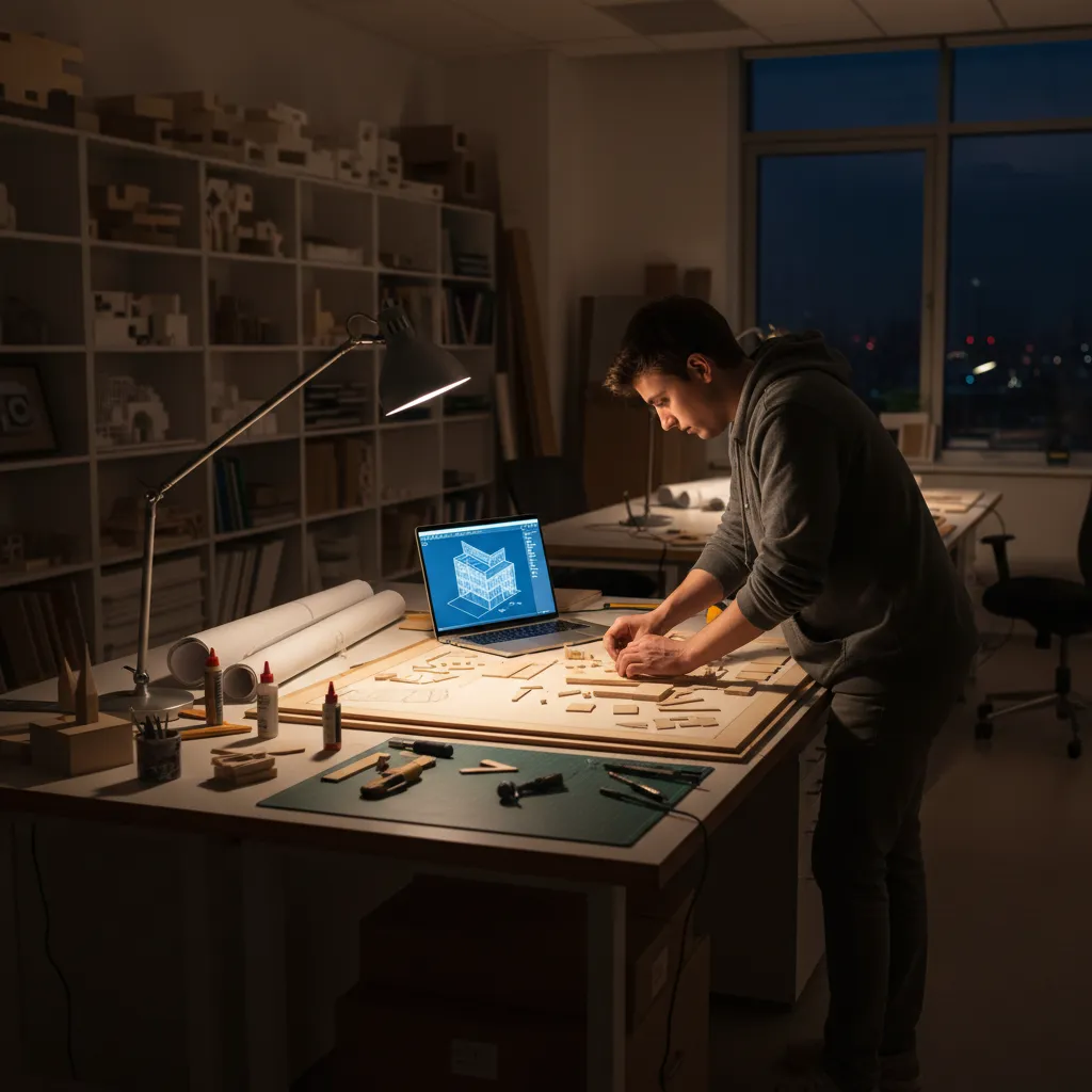 design student working late on architectural model and laptop in studio