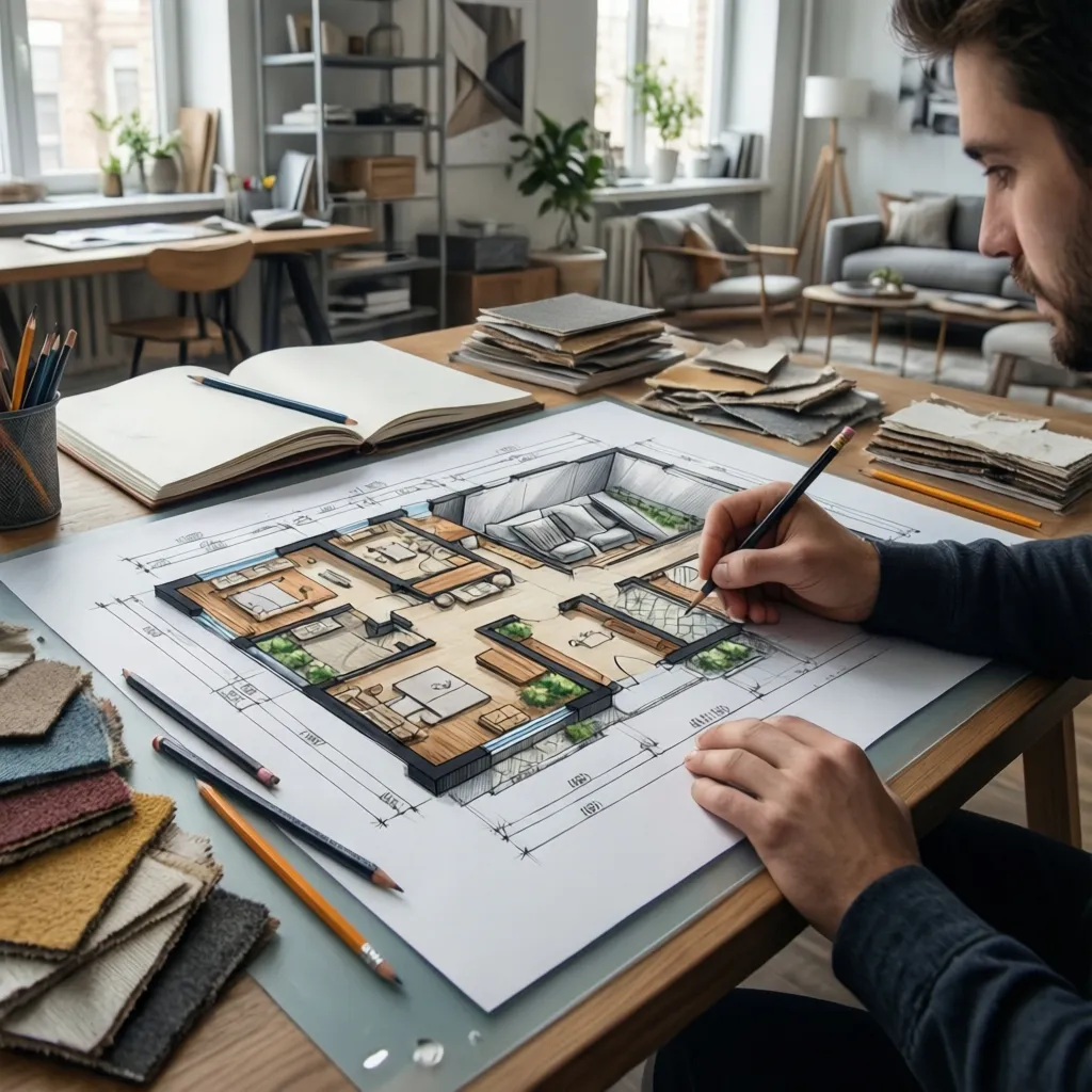 Design student sketching interior layout plans at a studio desk