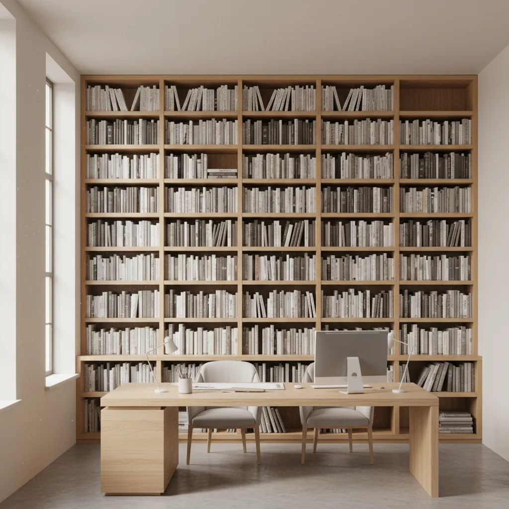 Interior design studio wall filled with organized design books and workspace