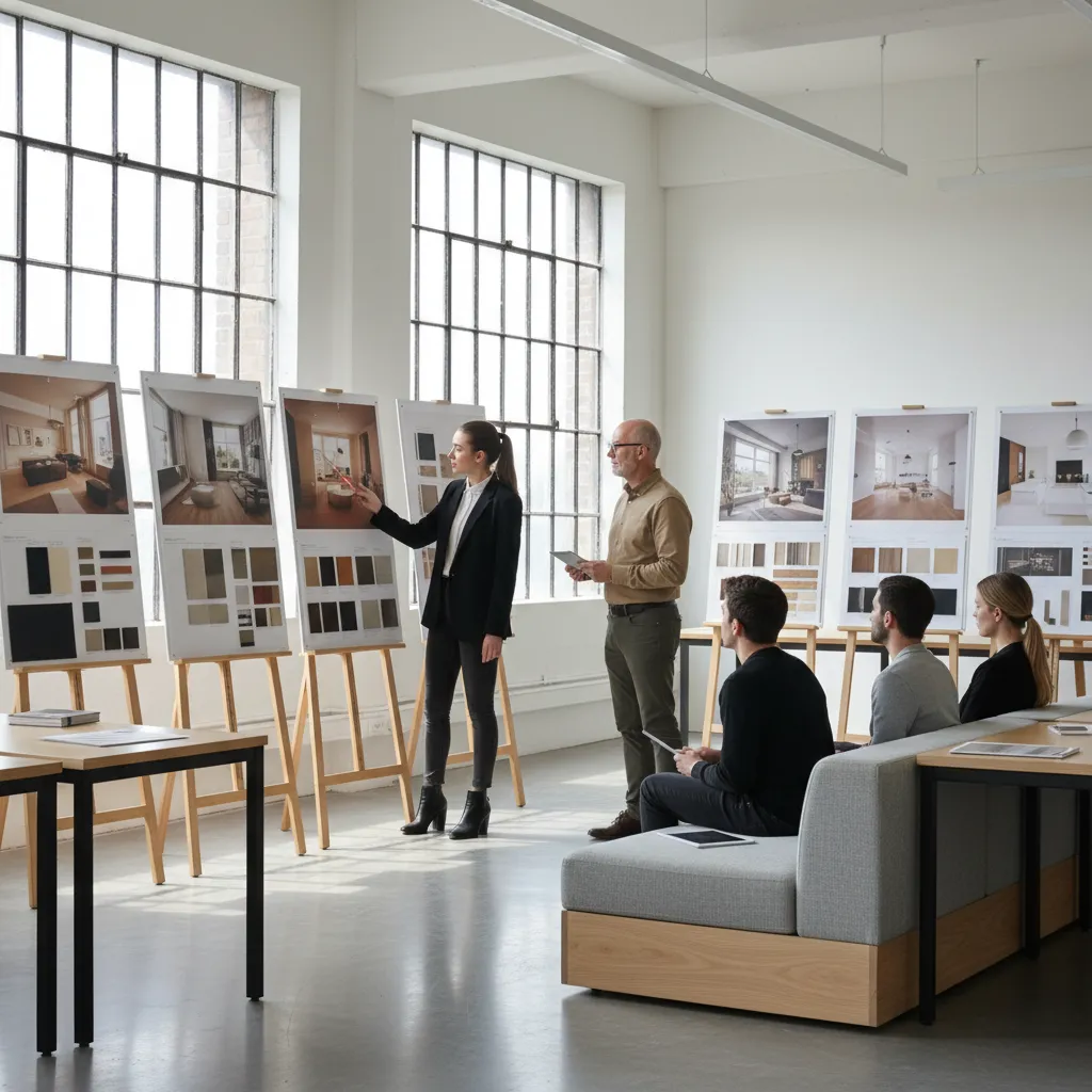 Interior design students presenting boards during a studio critique