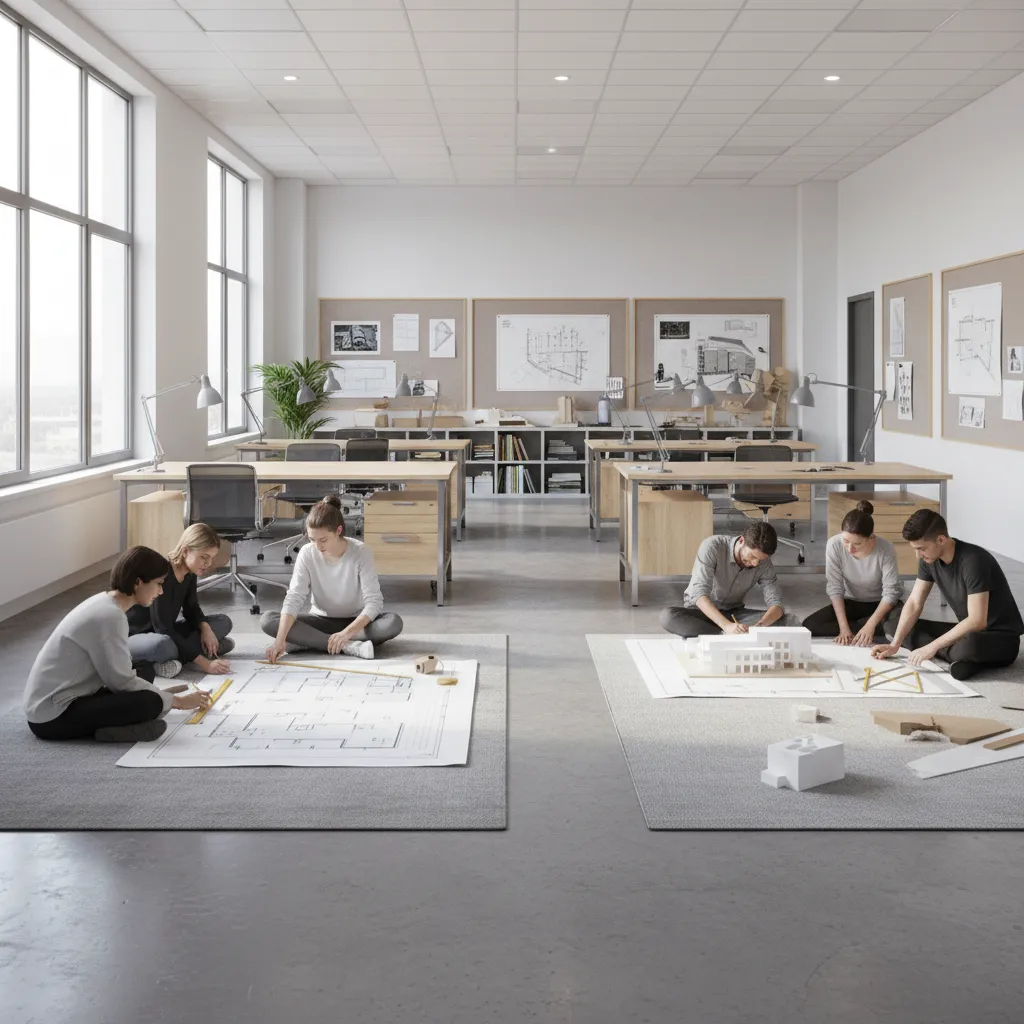 Design students working on spatial planning models and layout diagrams in studio