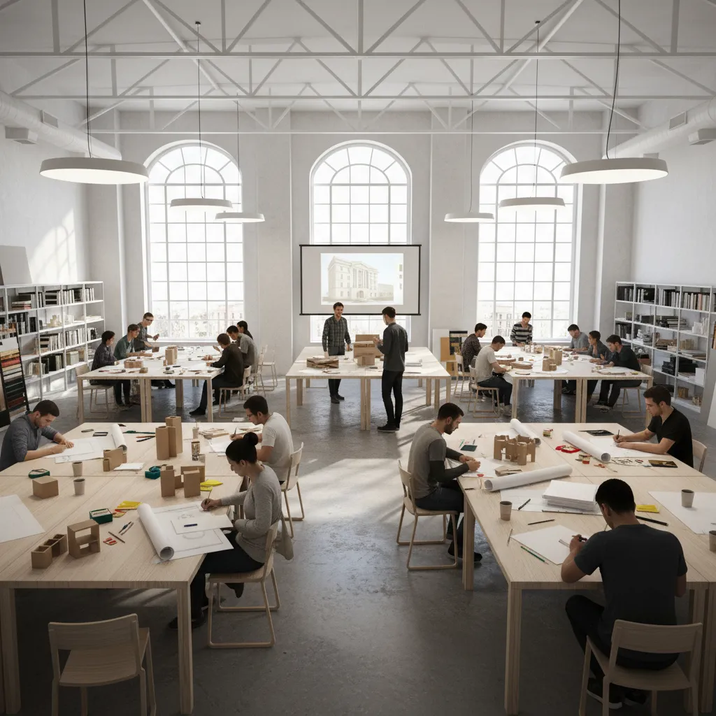 interior design students working on sketches models and layout boards in a studio