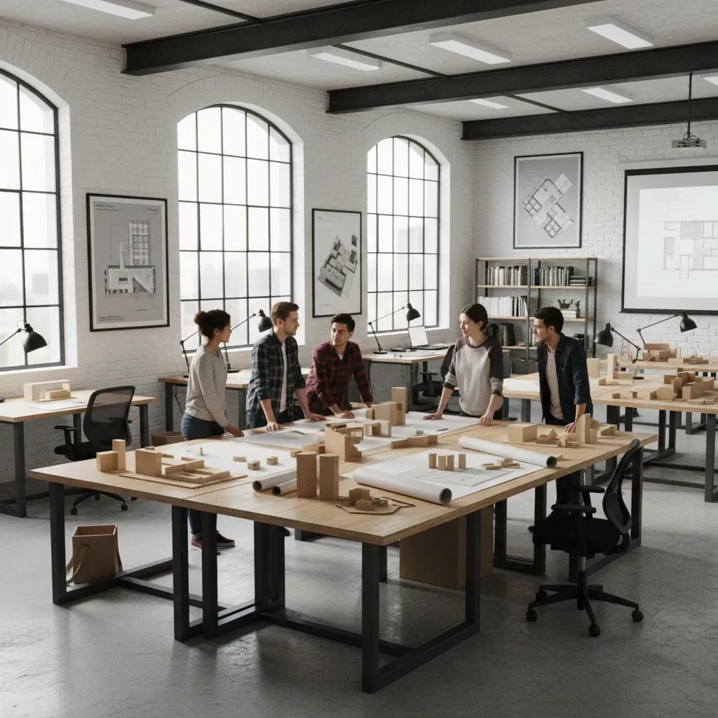 architecture students collaborating around large design studio table with models