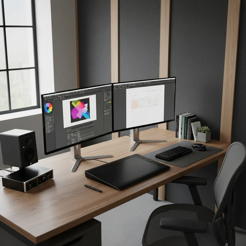 Estación de trabajo de diseñador con tablet gráfica y múltiples pantallas