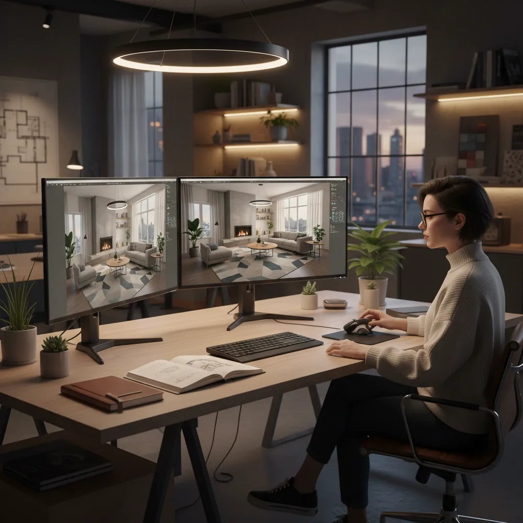 Diseñador creando visualización 3D de un espacio interior en ordenador