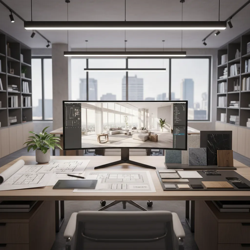 Interior design drawing on monitor with floor plans and material samples on a wooden desk