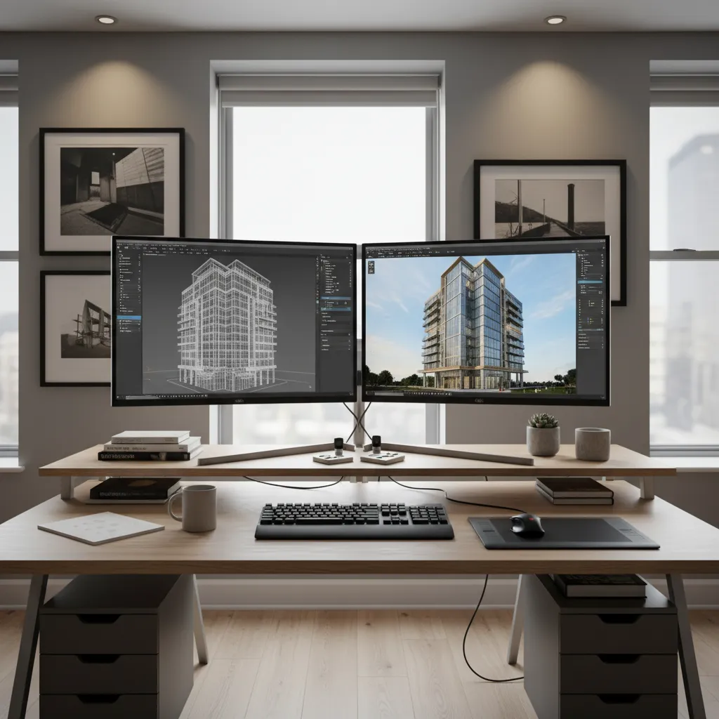 Professional designer creating a 3D model on workstation