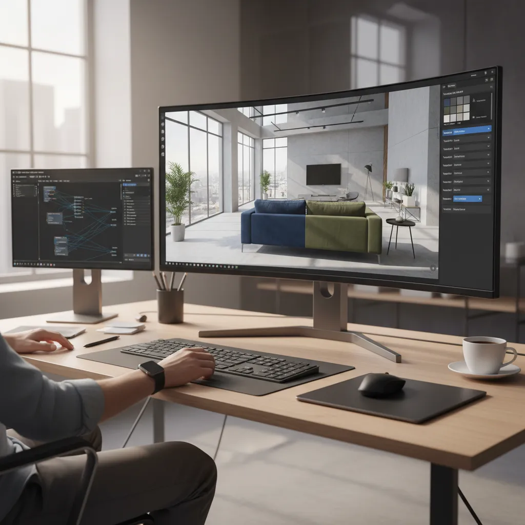 Designer adjusting materials in real time rendering software