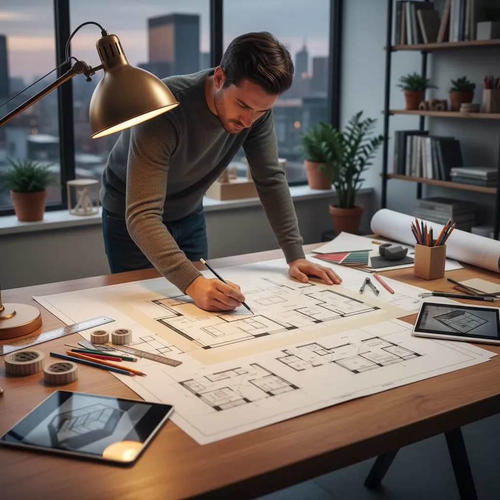 designer analyzing apartment floor plan with tracing paper overlays