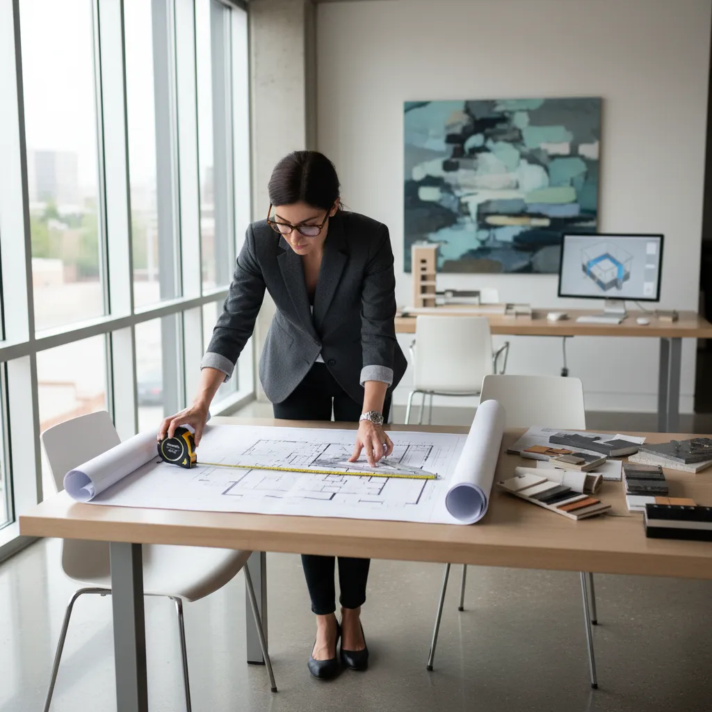 Interior designer reviewing a home floor plan with measuring tools
