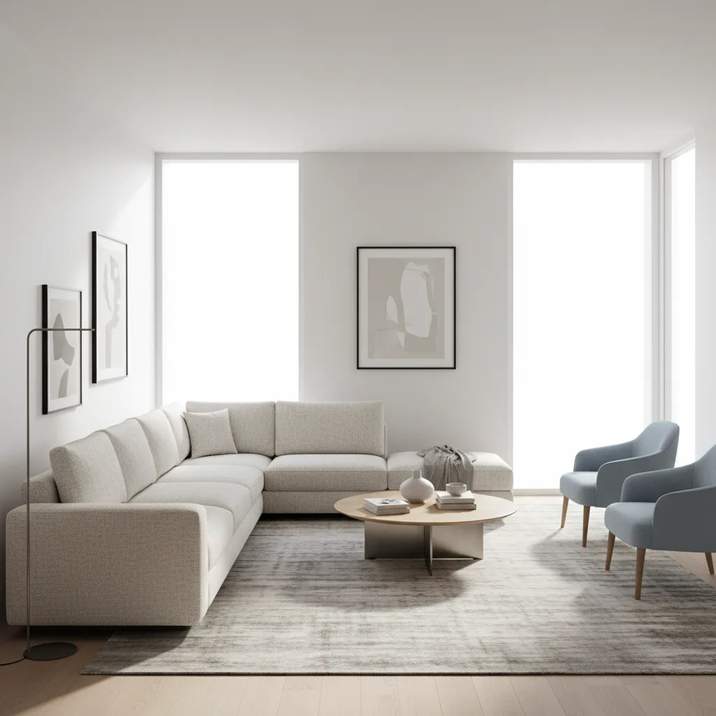 designer living room with sofa placed diagonally creating conversation area