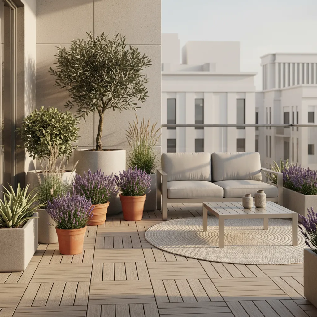 Designer balcony with olive tree planter lavender and ornamental grasses