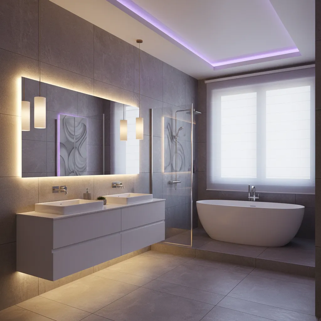 Purple and gray bathroom illuminated with layered LED lighting