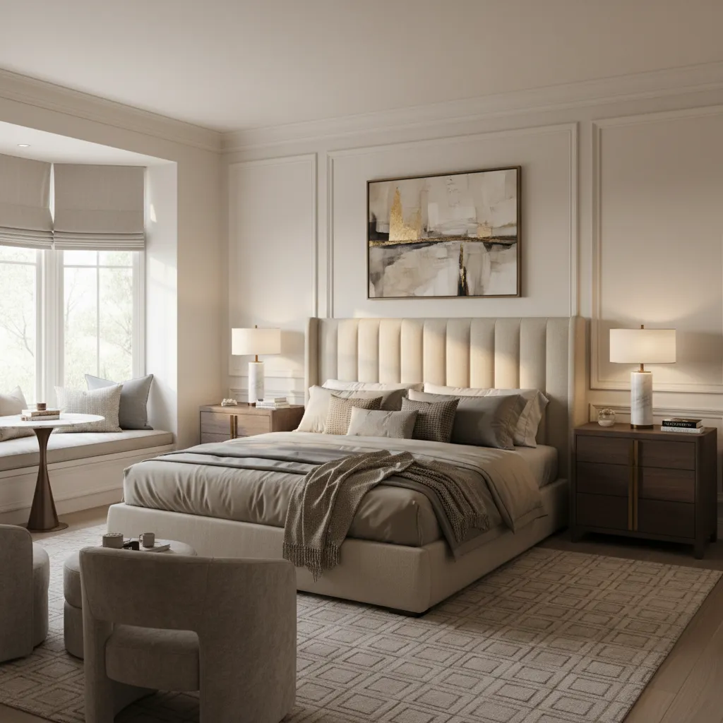 Complete bedroom design with balanced furniture and bay window seating area