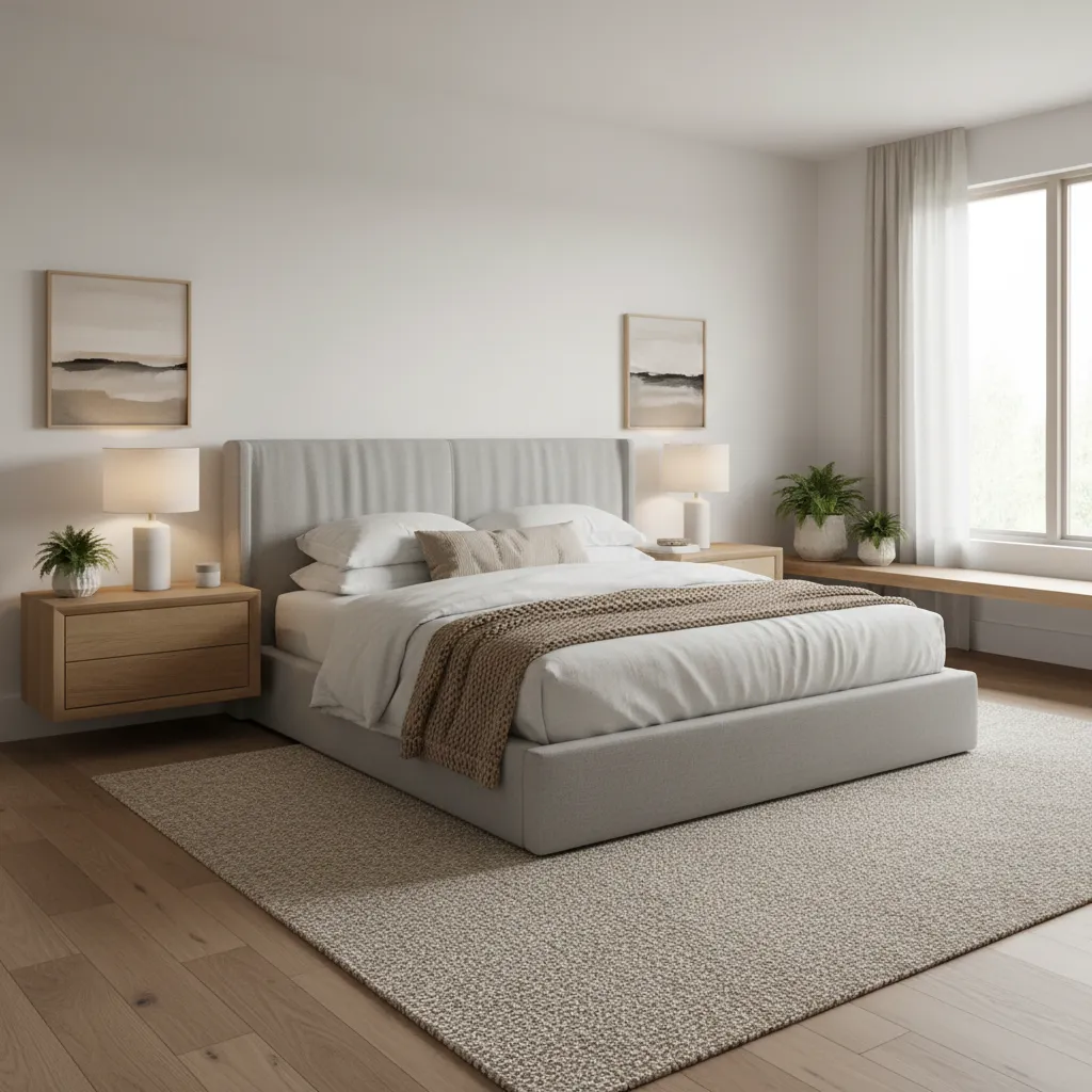 Minimalist bedroom with grey bed wooden side tables white lamps large rug and bright windows