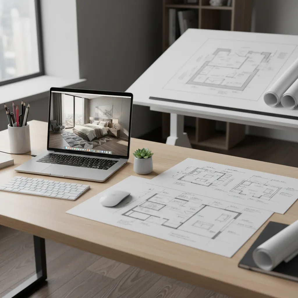 designer planning small bedroom layout using digital floor plan