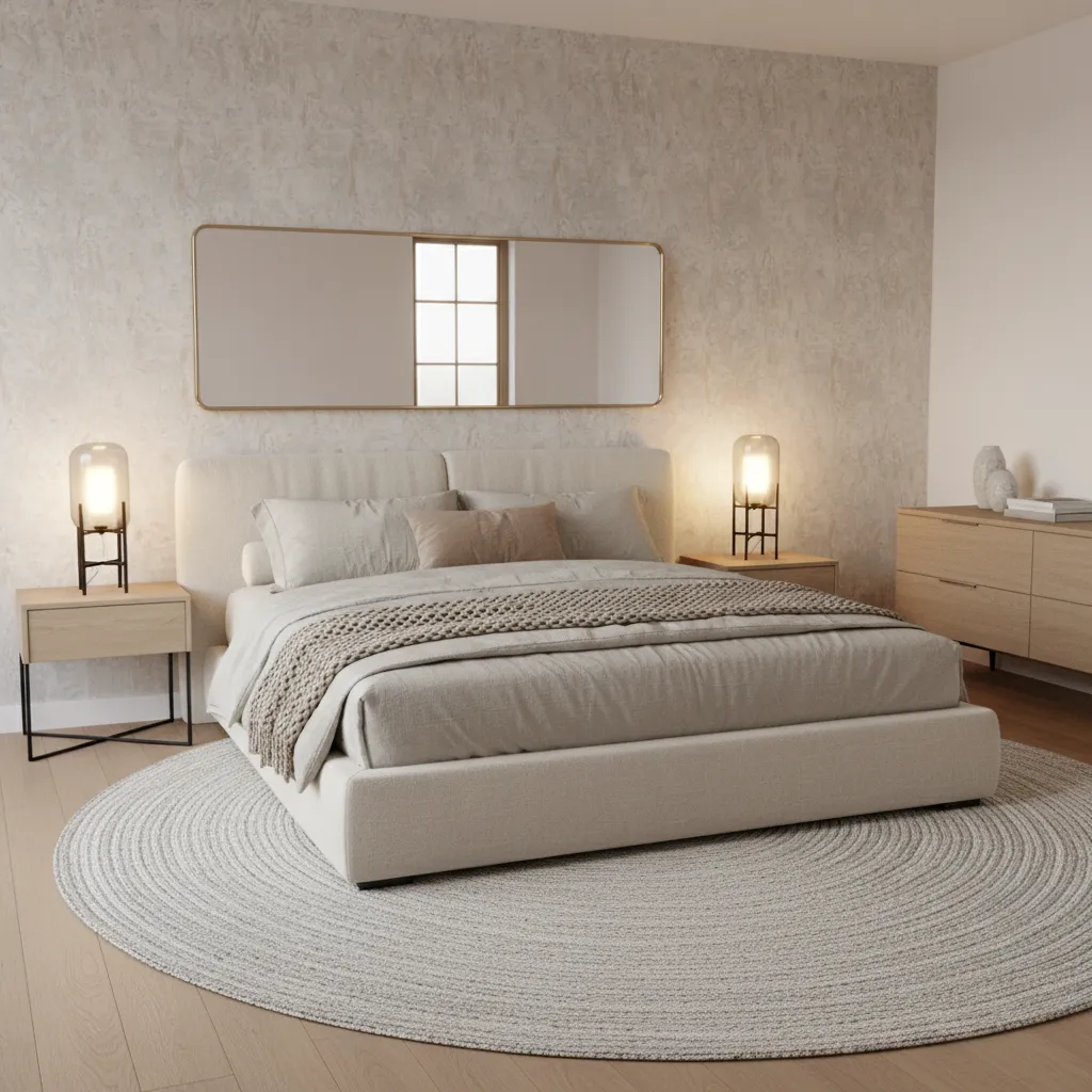 Bedroom with a large feature wall wallpaper behind a modern bed