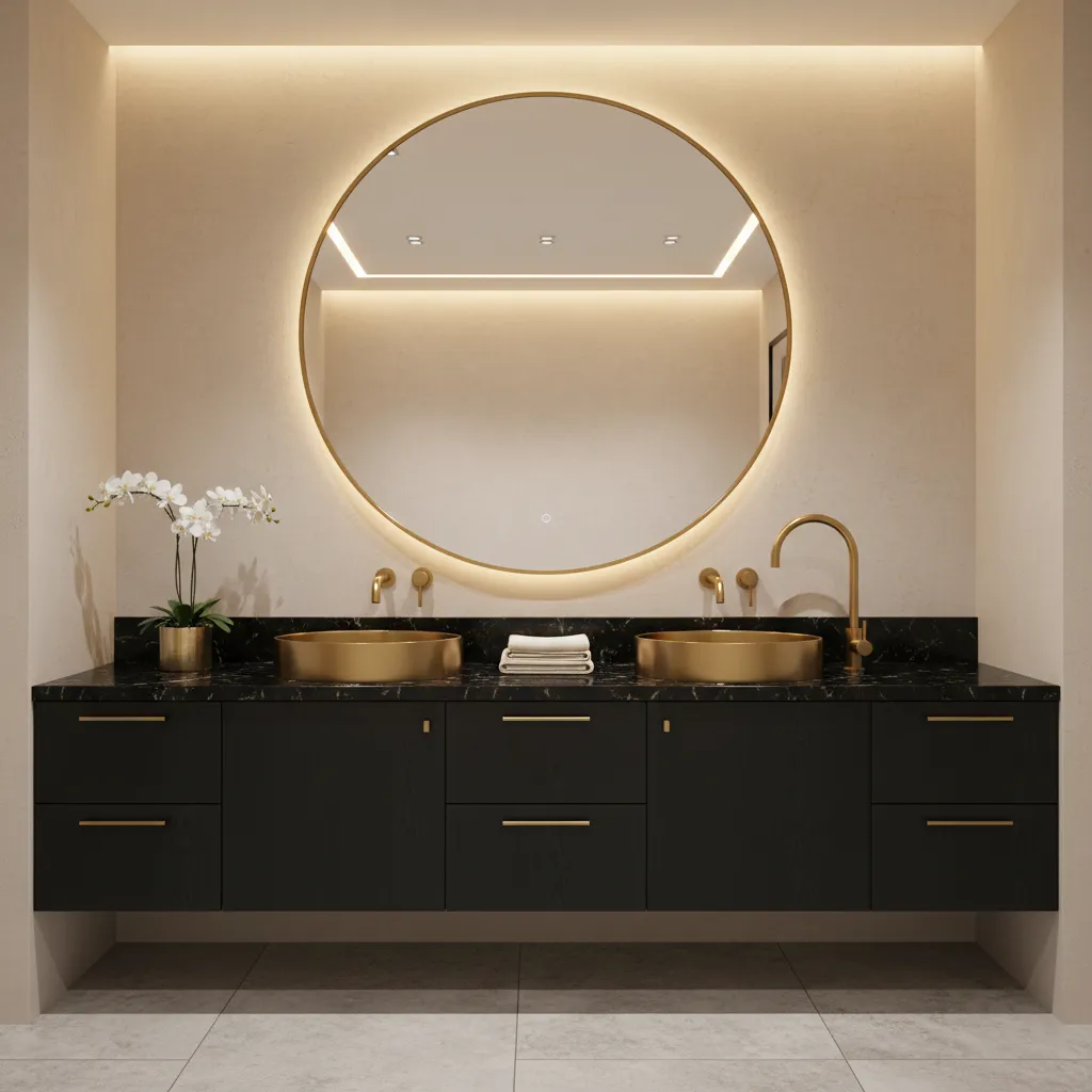 Designer bathroom with black stone countertop and brass fixtures