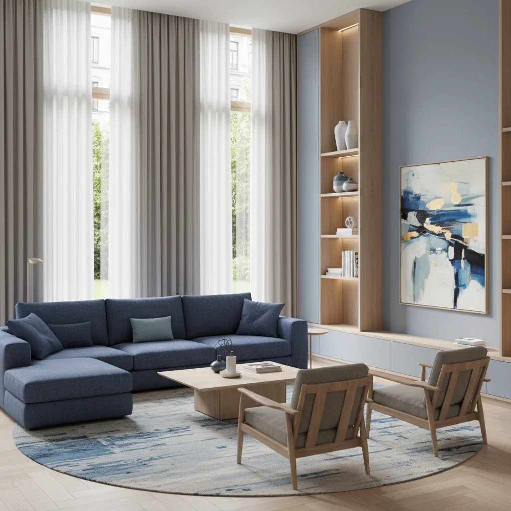 Designer styled blue living room palette with neutral curtains and wood furniture