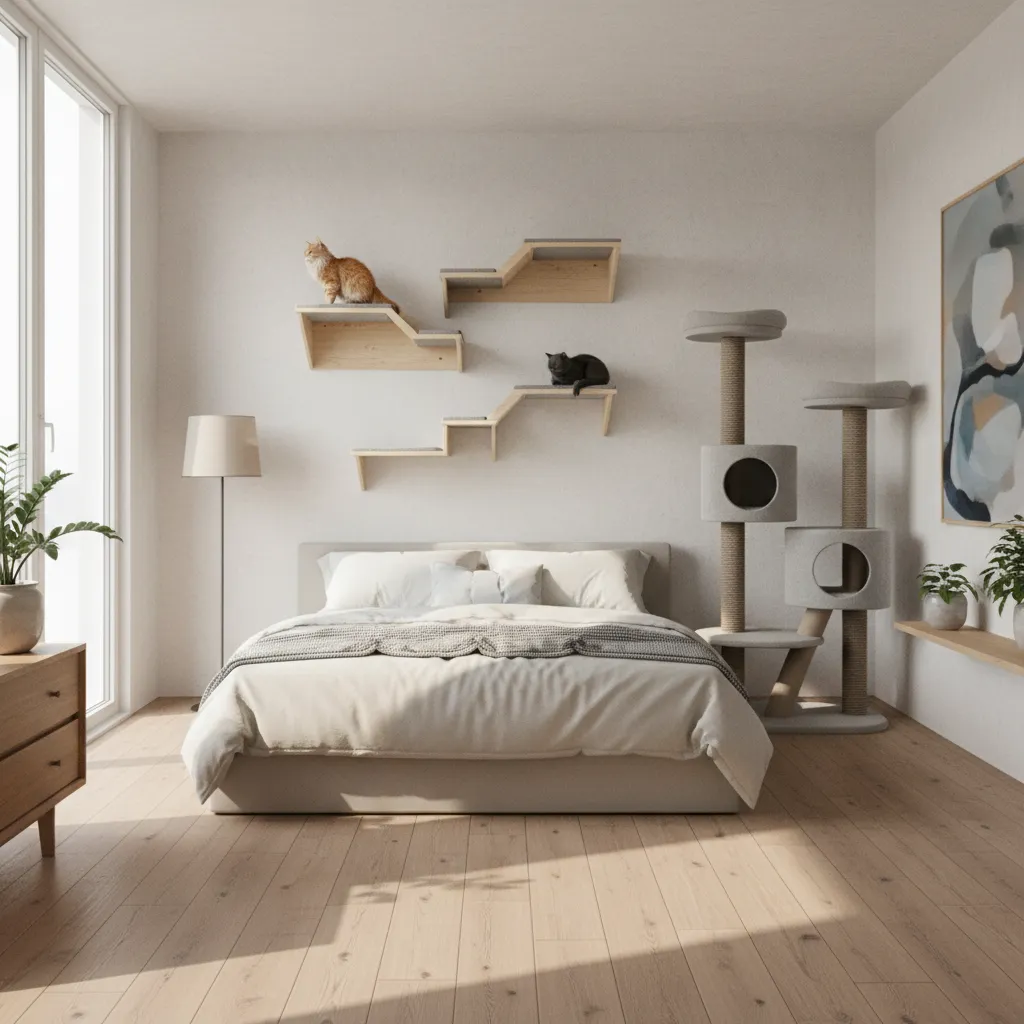 modern bedroom with aesthetic cat shelves and minimalist cat tree