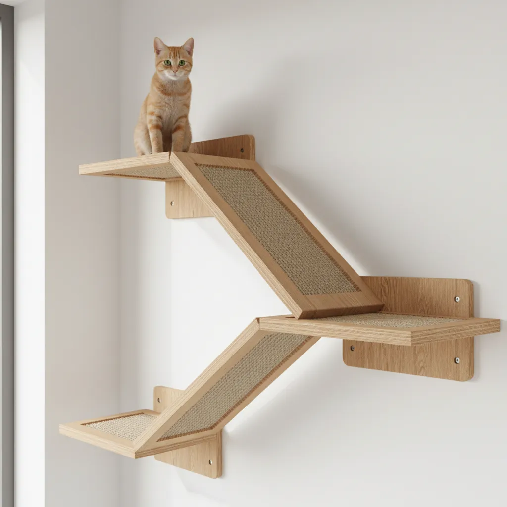 Close view of wooden cat wall platforms and scratching elements