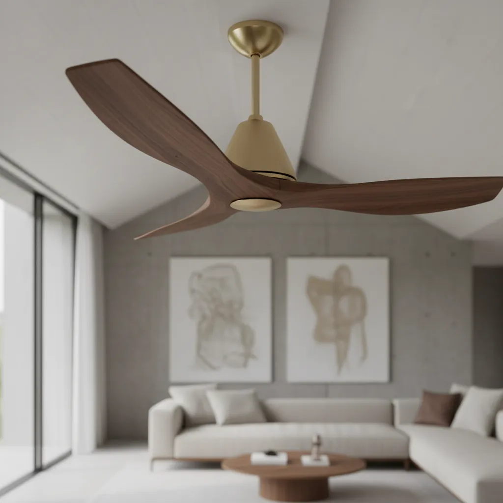 close view of sculptural wooden ceiling fan blades in modern interior