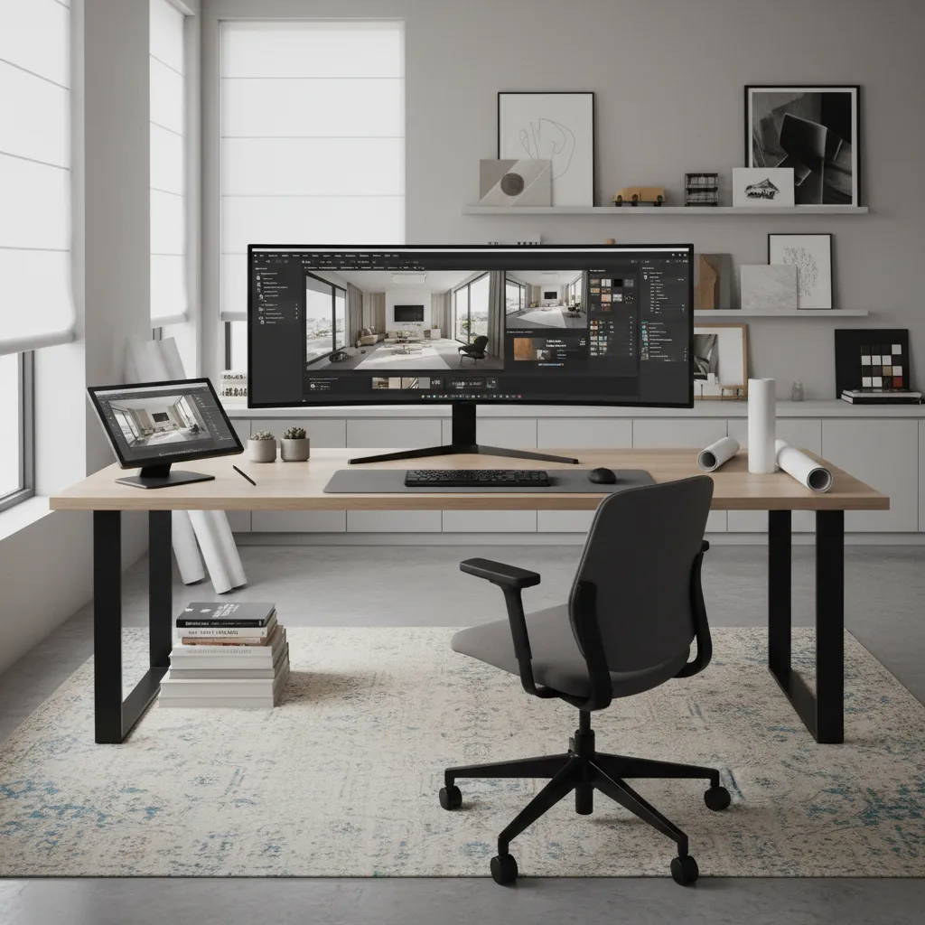 Designer reviewing downloaded 3D models and textures on a computer screen