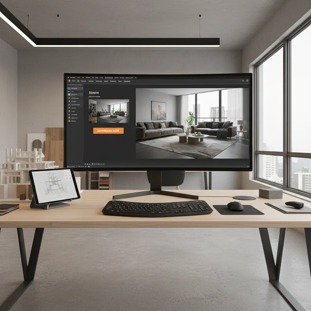 Interior designer reviewing rendering software download page on workstation