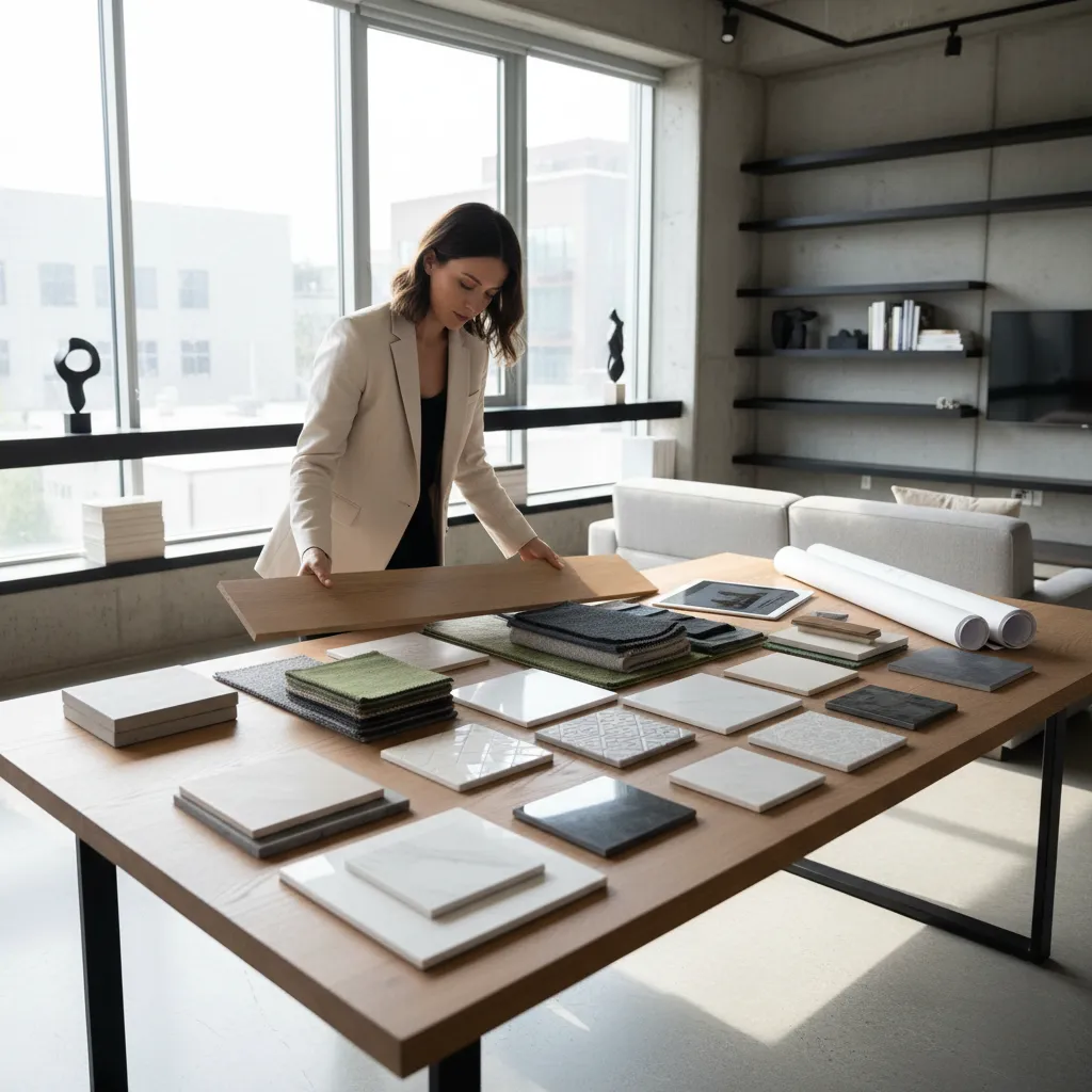 Diseñador revisando materiales y acabados para un proyecto interior